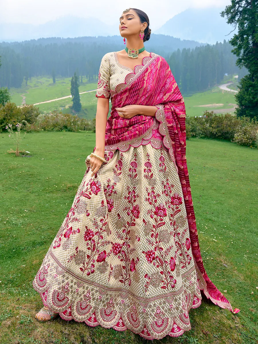 Cream and magenta silk lehenga choli