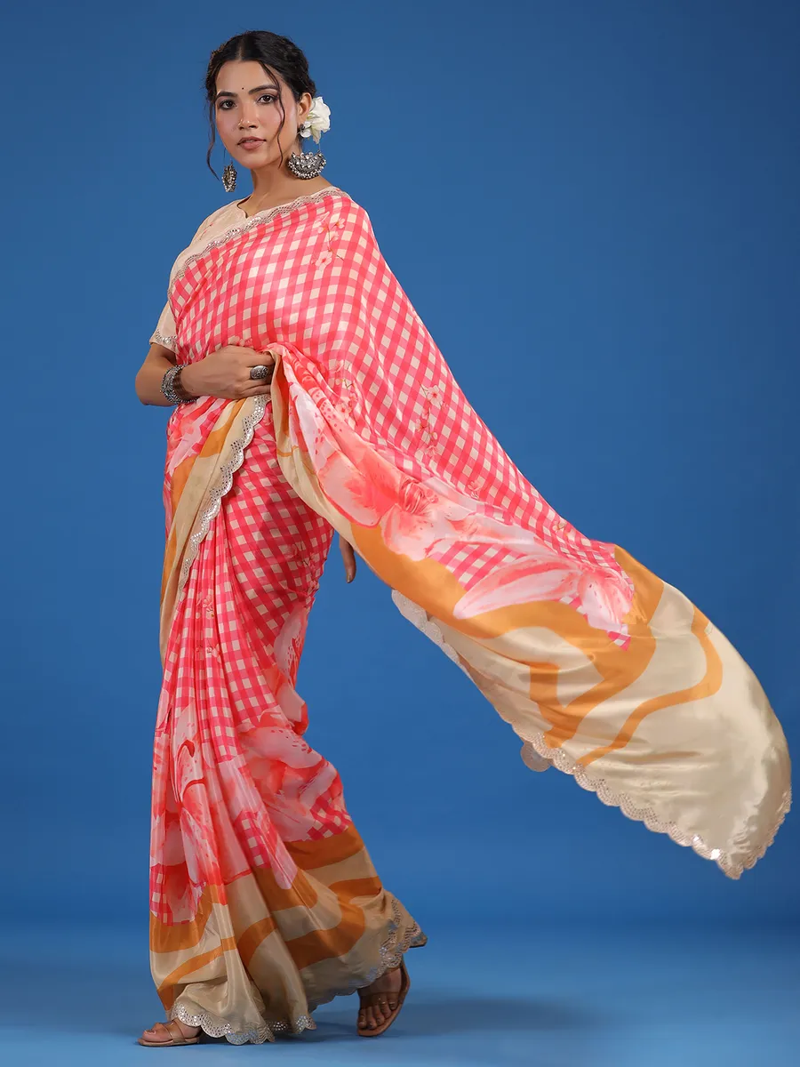 Cream and pink checks printed saree