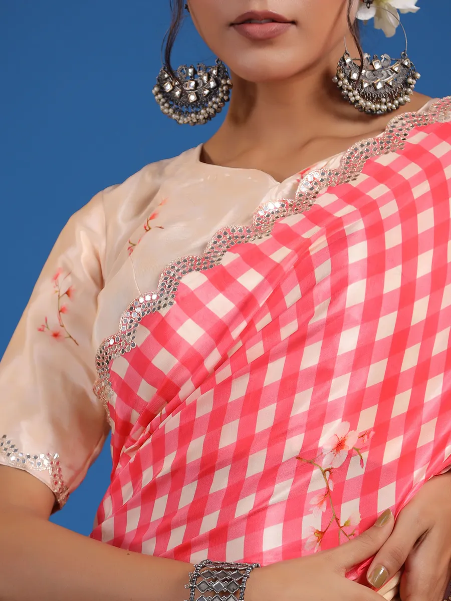Cream and pink checks printed saree