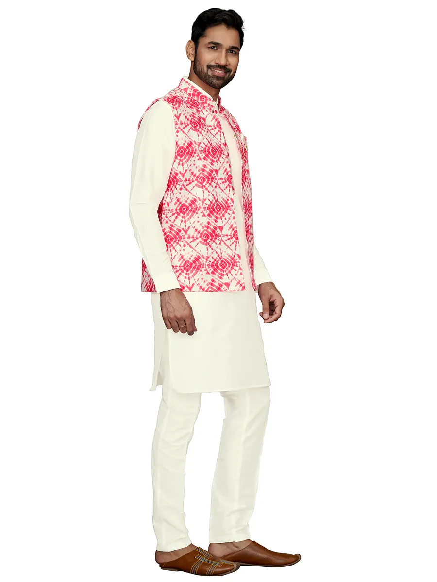 Cream and pink printed silk waistcoat set