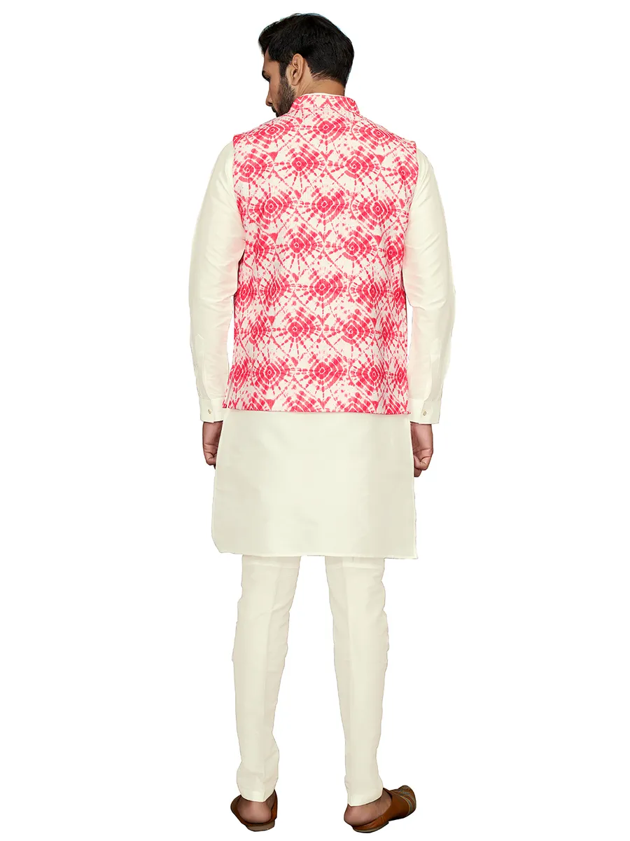 Cream and pink printed silk waistcoat set