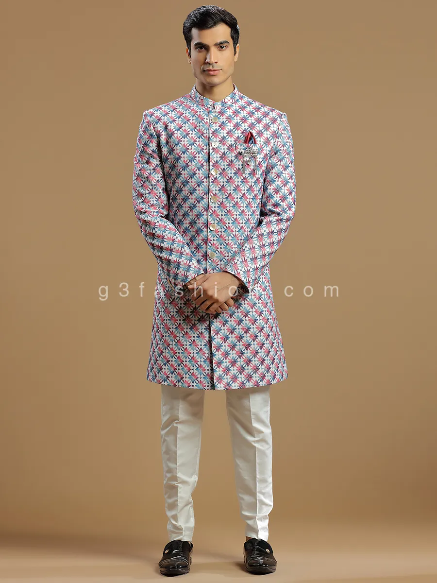 Cream and pink silk indowestern for men