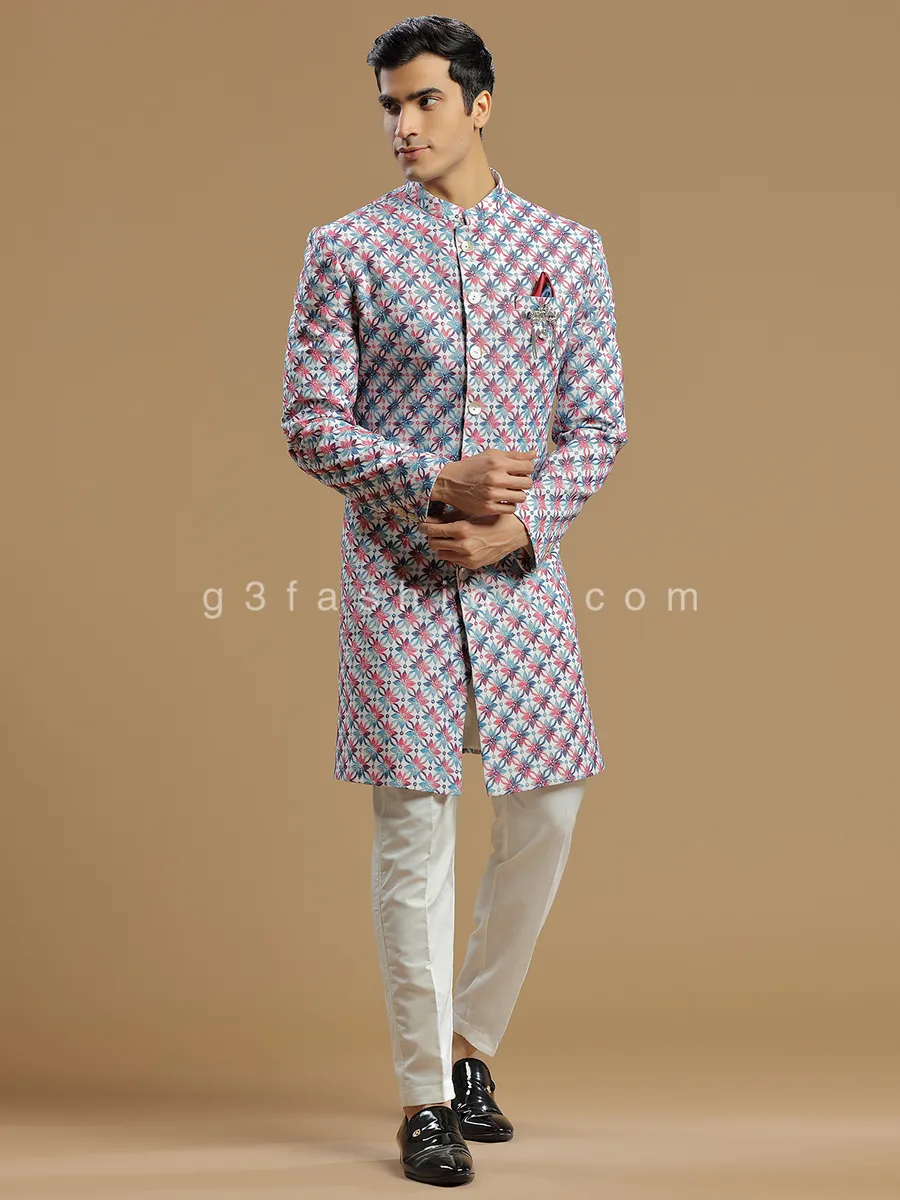 Cream and pink silk indowestern for men