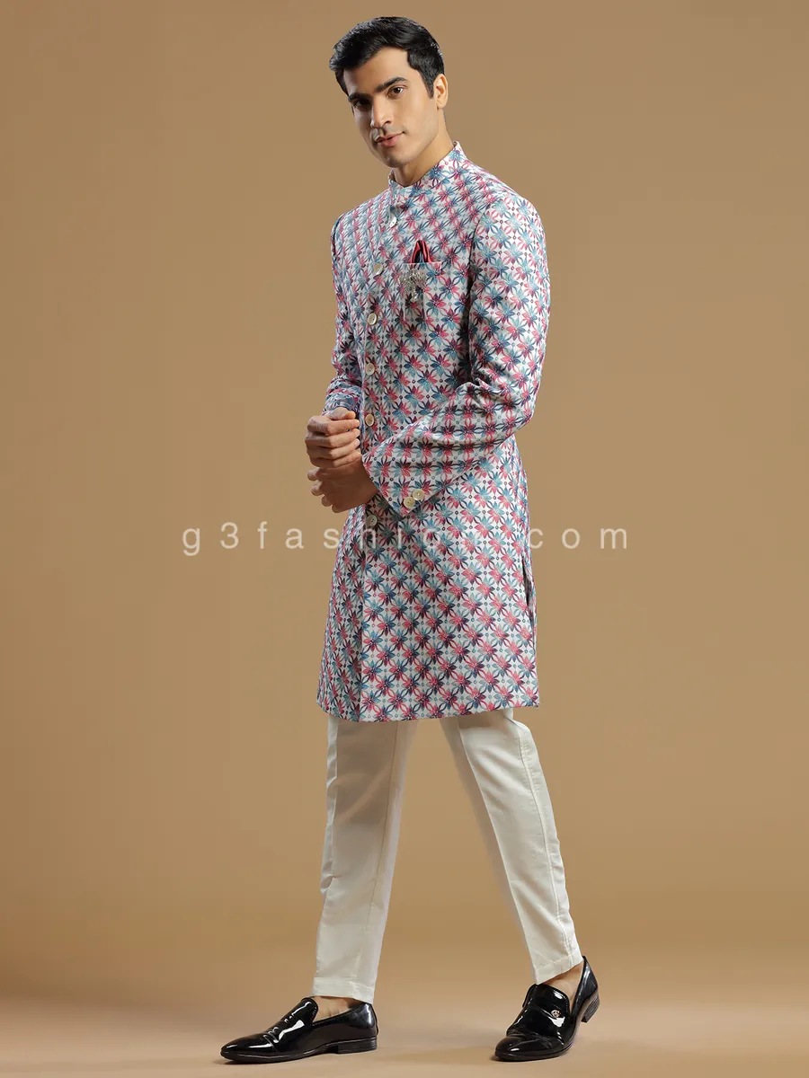 Cream and pink silk indowestern for men