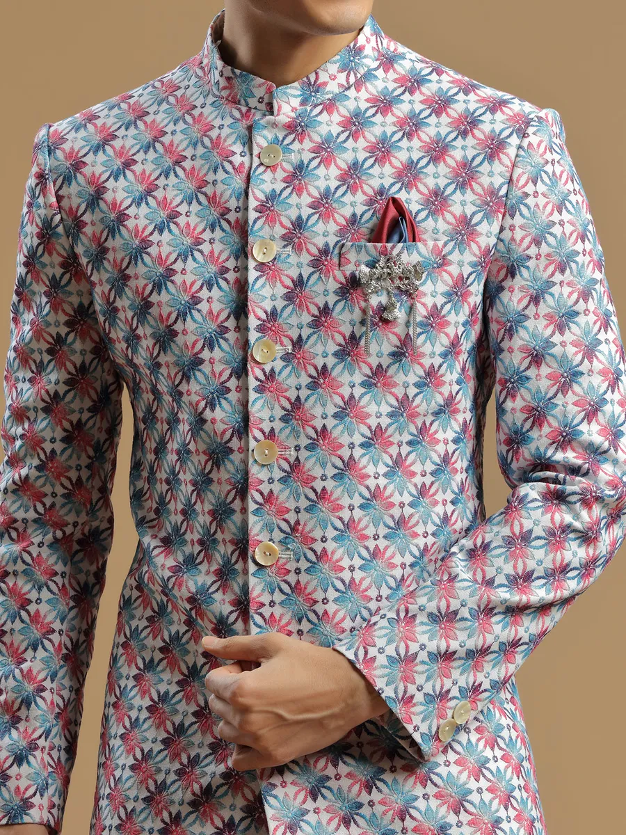 Cream and pink silk indowestern for men