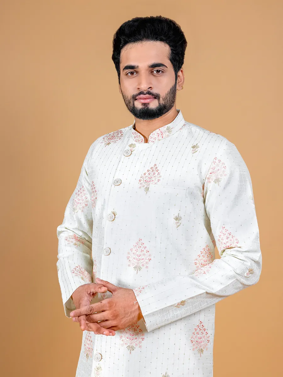 Cream and pink silk kurta suit