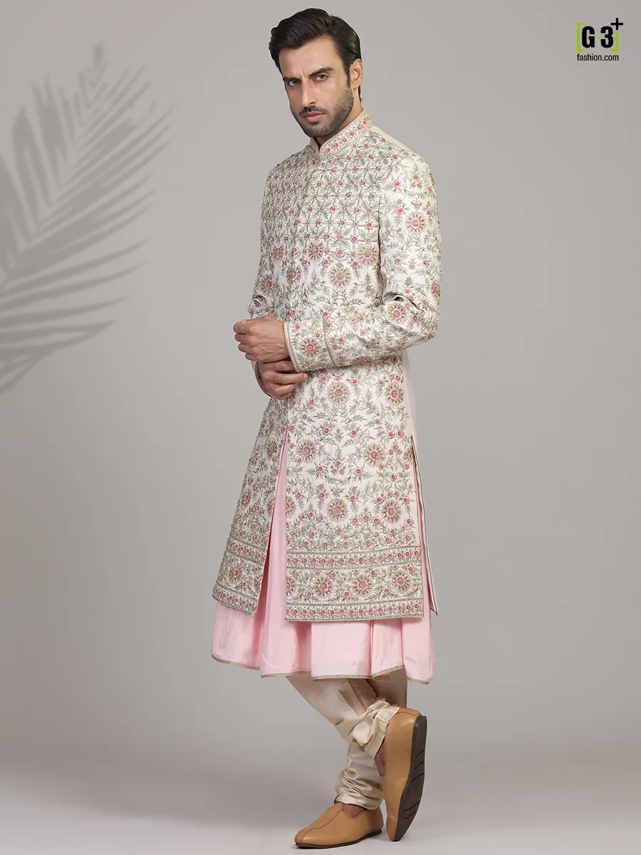 Cream and pink silk sherwani for groom