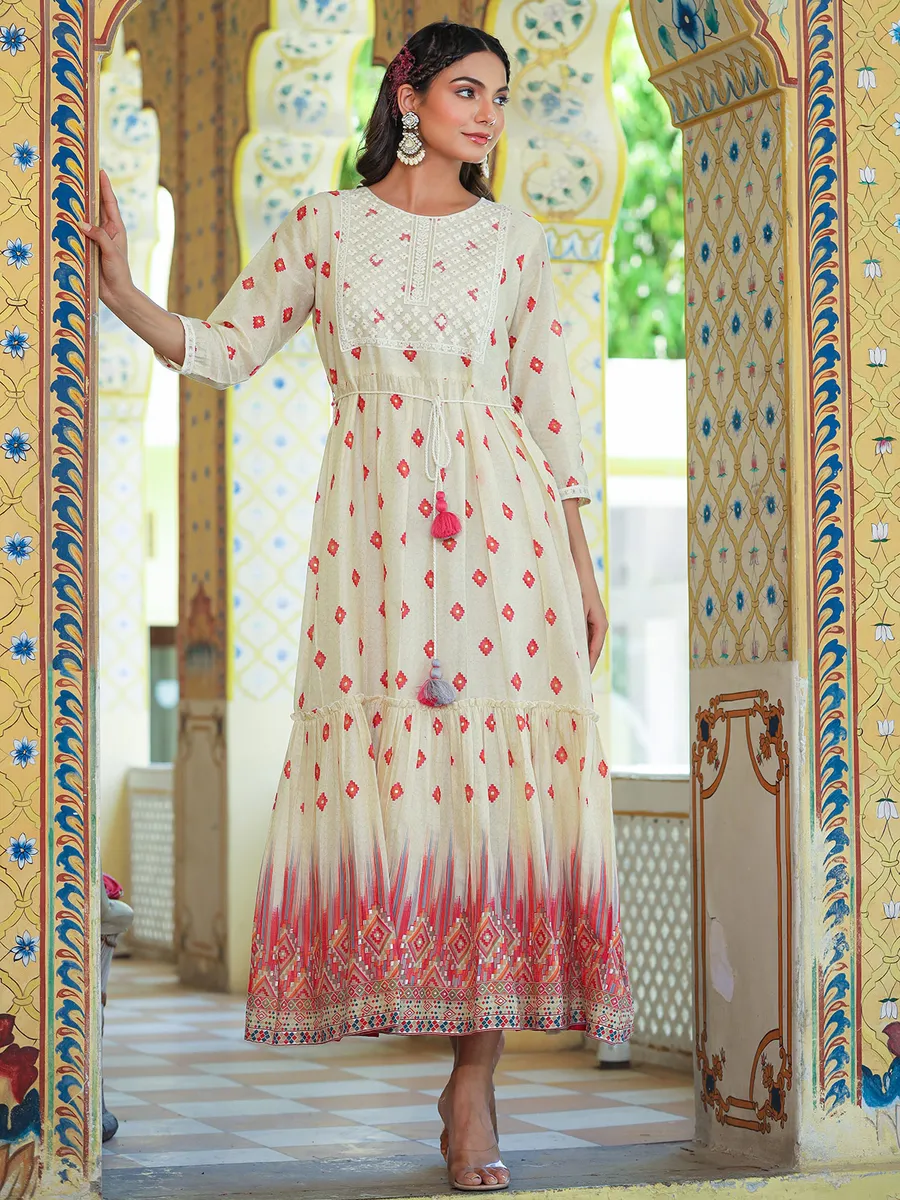 Cream and red printed cotton long kurti