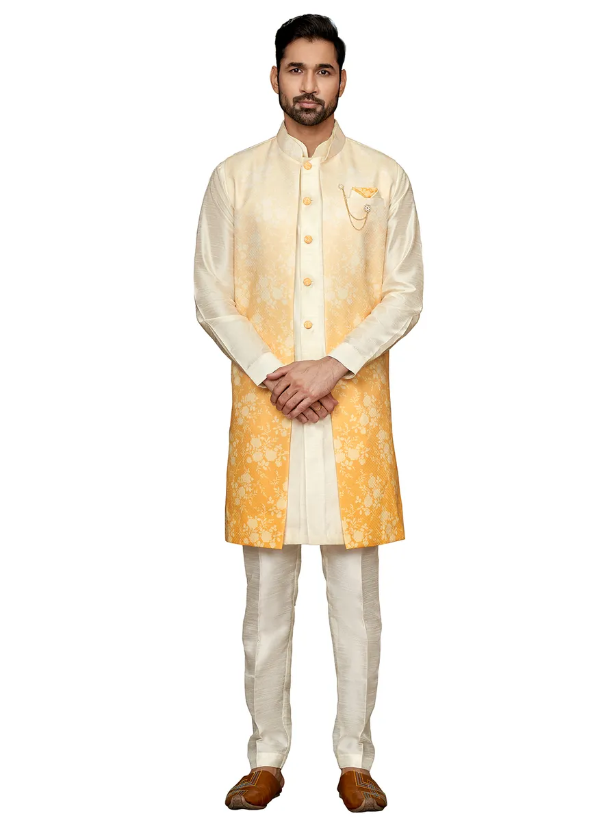 Cream and yellow wedding silk indowestern