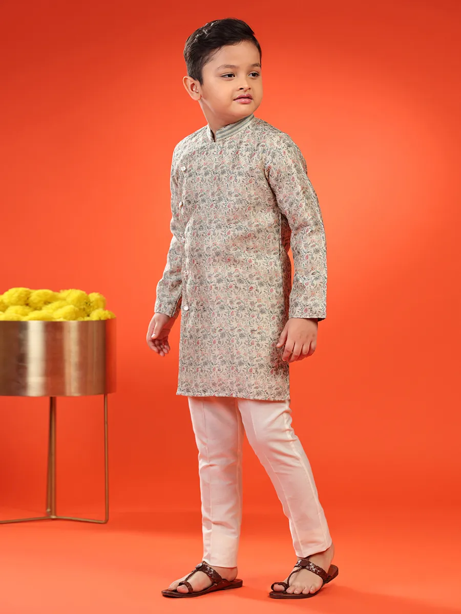 Cream brocade printed kurta suit