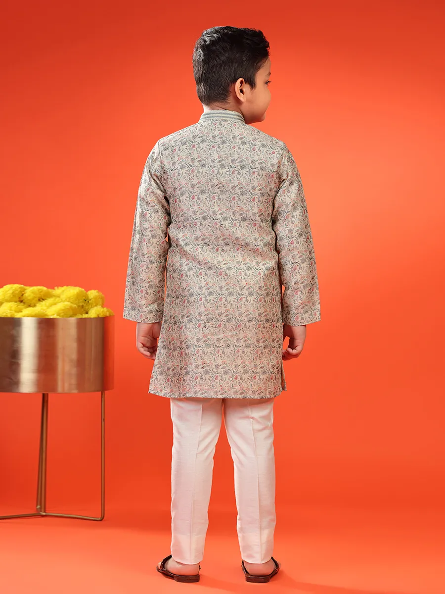 Cream brocade printed kurta suit