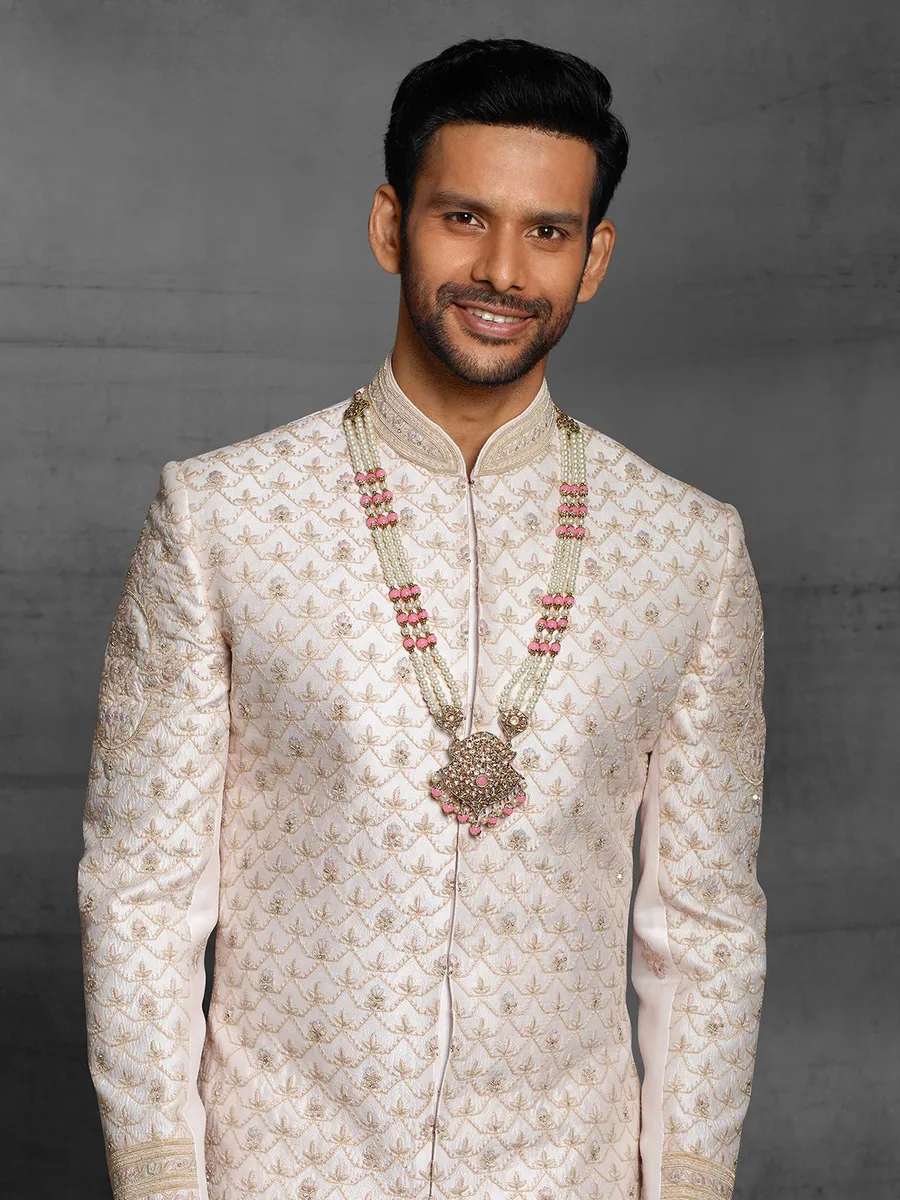 Cream color attractive sherwani in silk fabric for mens