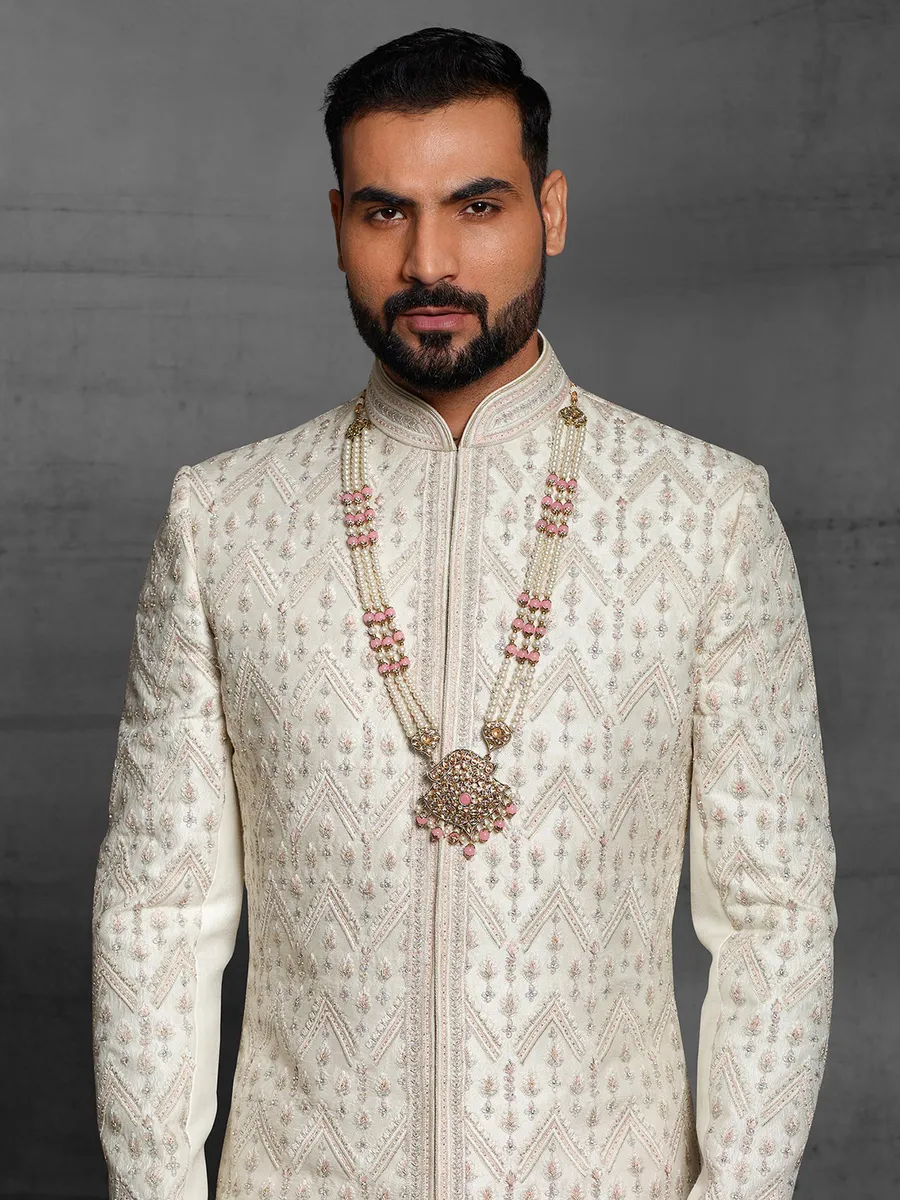 Cream color wedding wear dual layer sherwani for mens
