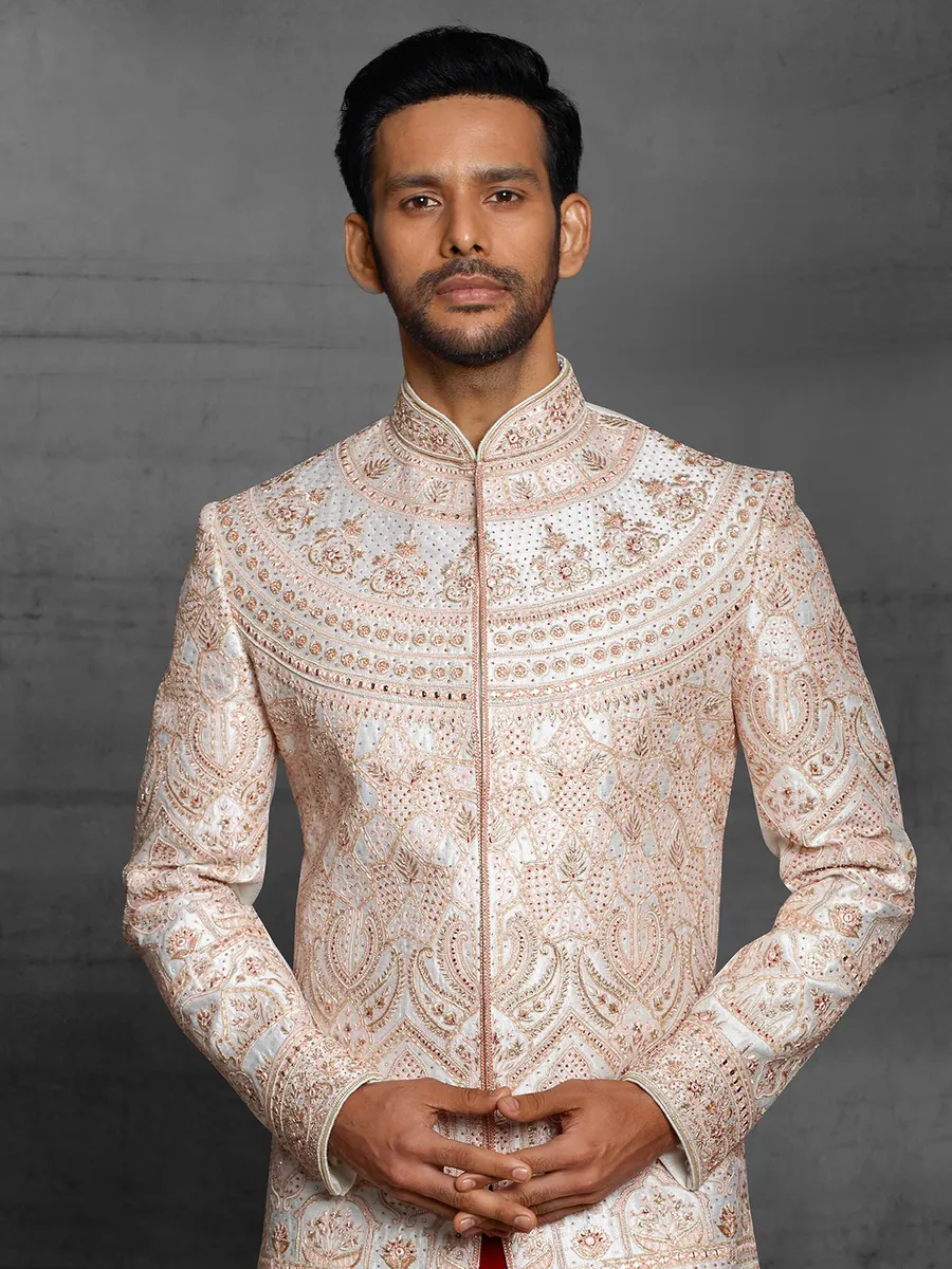 Cream color wedding wear dual layer sherwani in silk