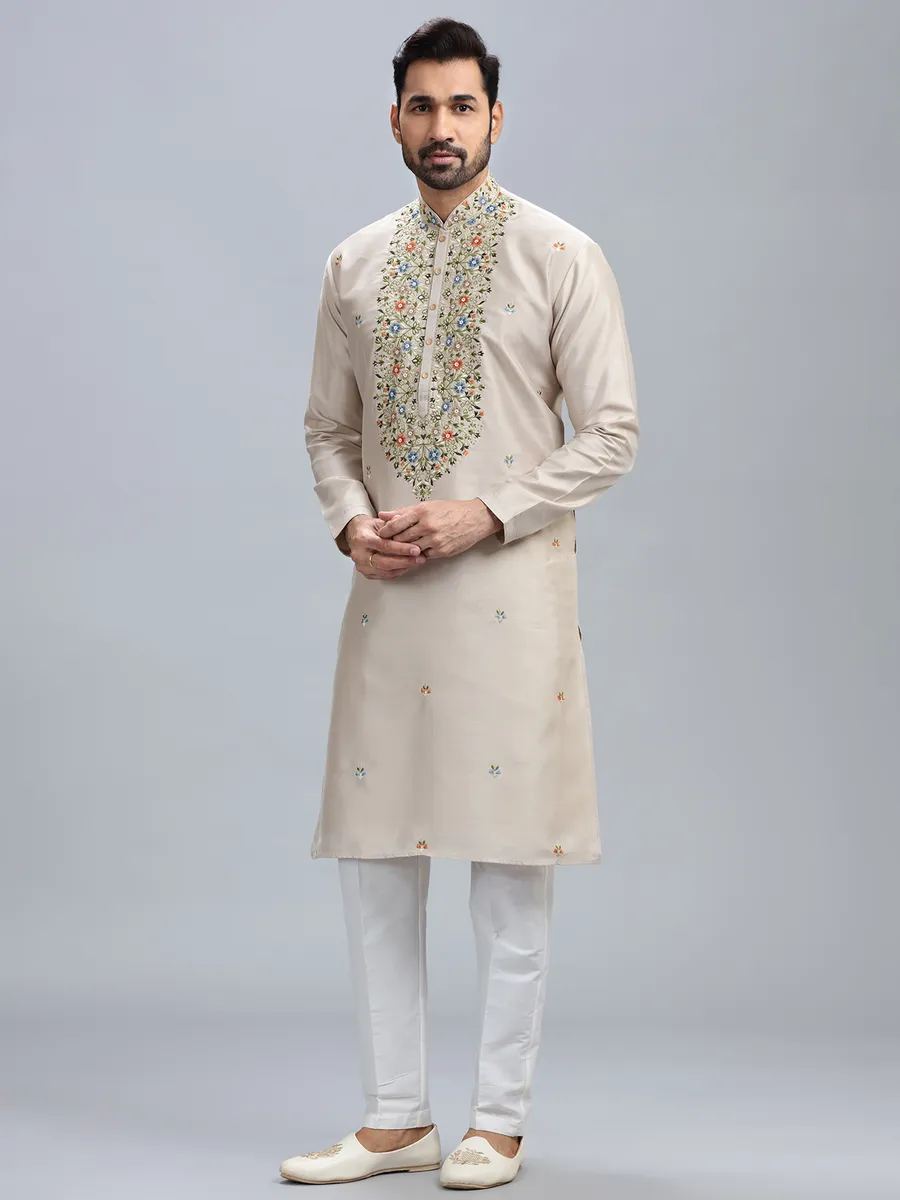 Cream cotton silk festive style kurta set for men