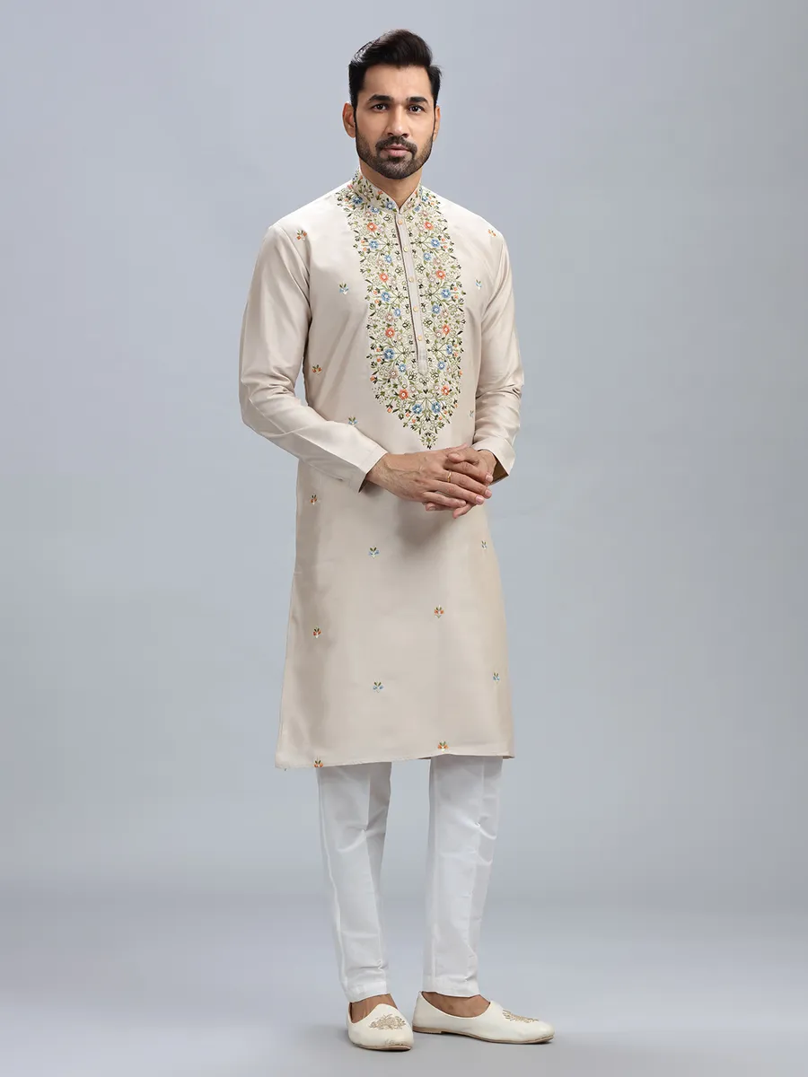 Cream cotton silk festive style kurta set for men