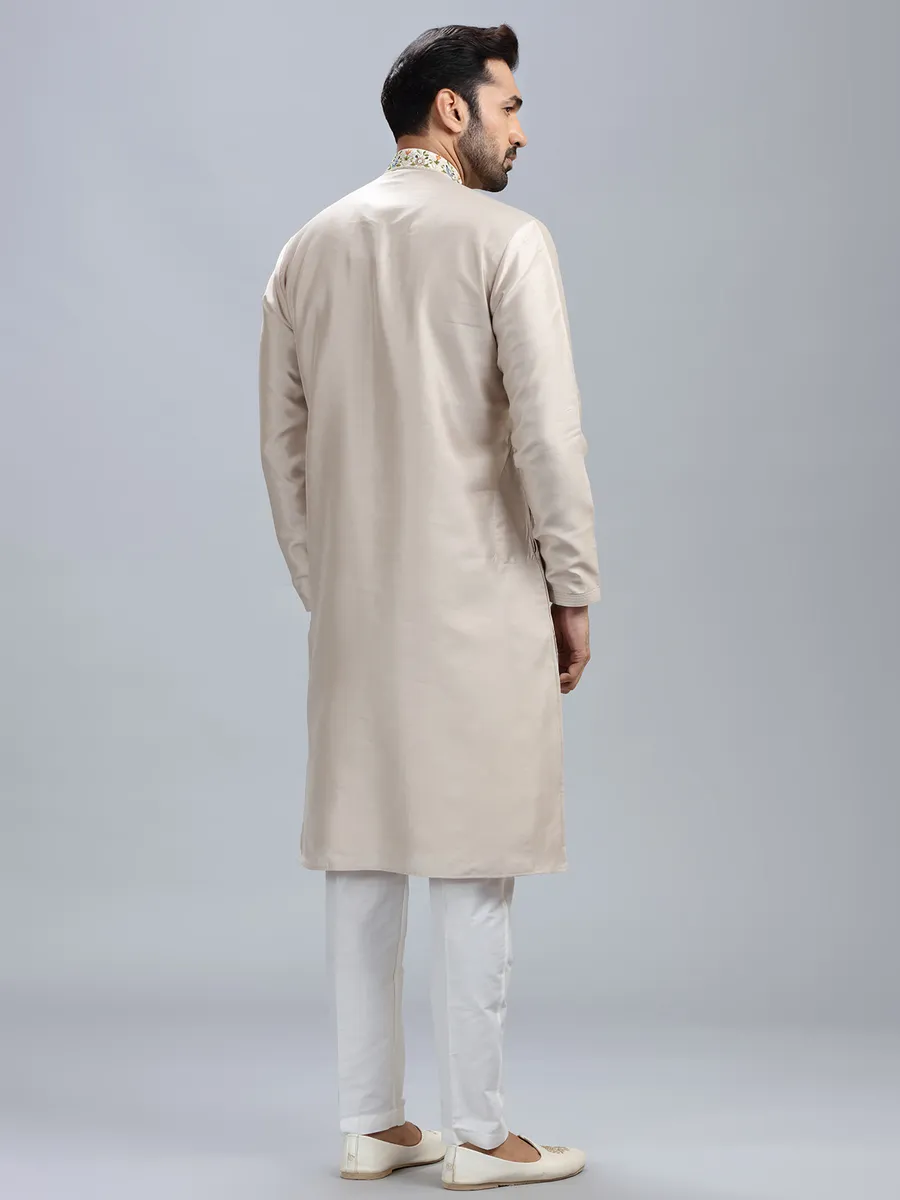 Cream cotton silk festive style kurta set for men