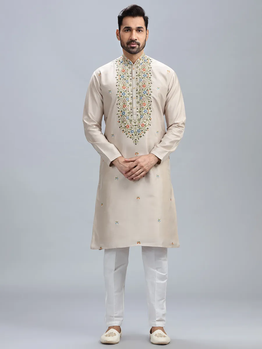 Cream cotton silk festive style kurta set for men