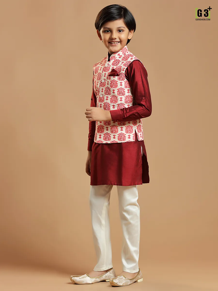 Cream cotton silk waistcoat with maroon kurta set for boys