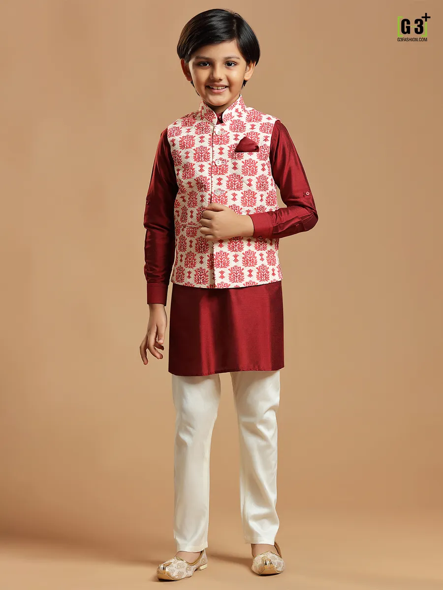 Cream cotton silk waistcoat with maroon kurta set for boys