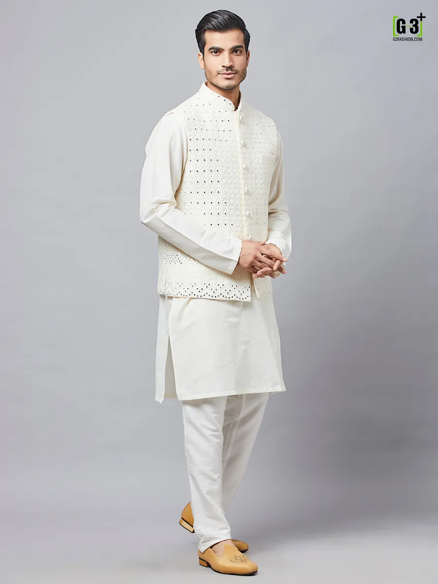 Cream cotton waistcoat set for mens