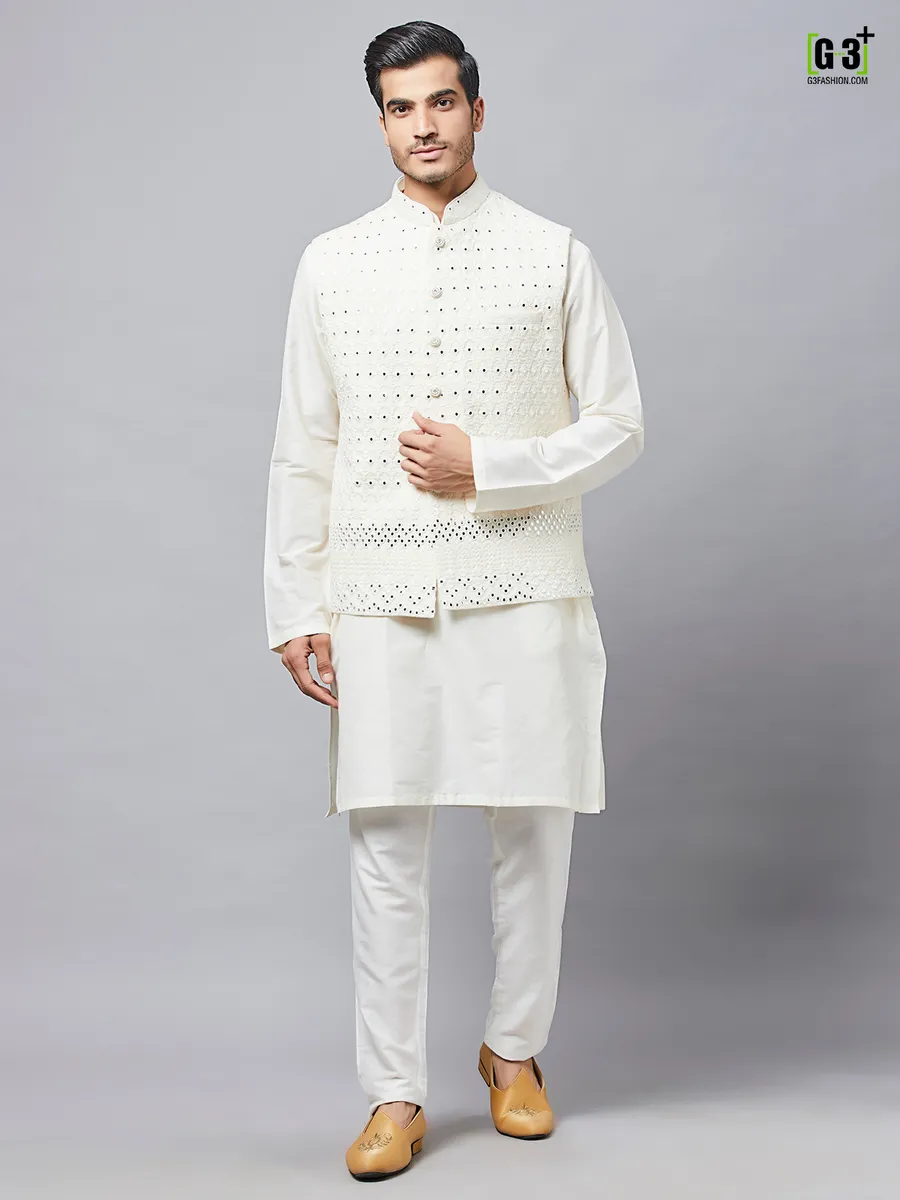 Cream cotton waistcoat set for mens