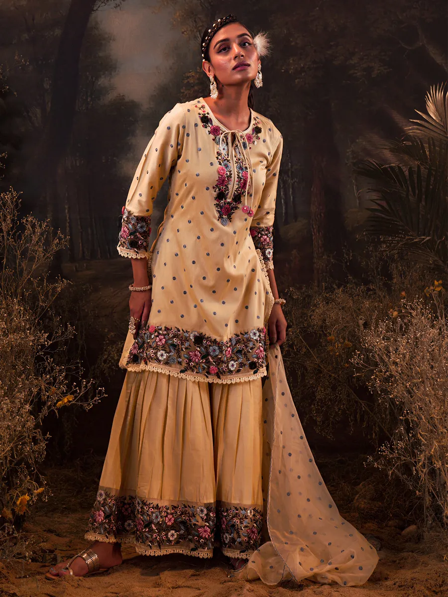 Cream embroidery sharara set