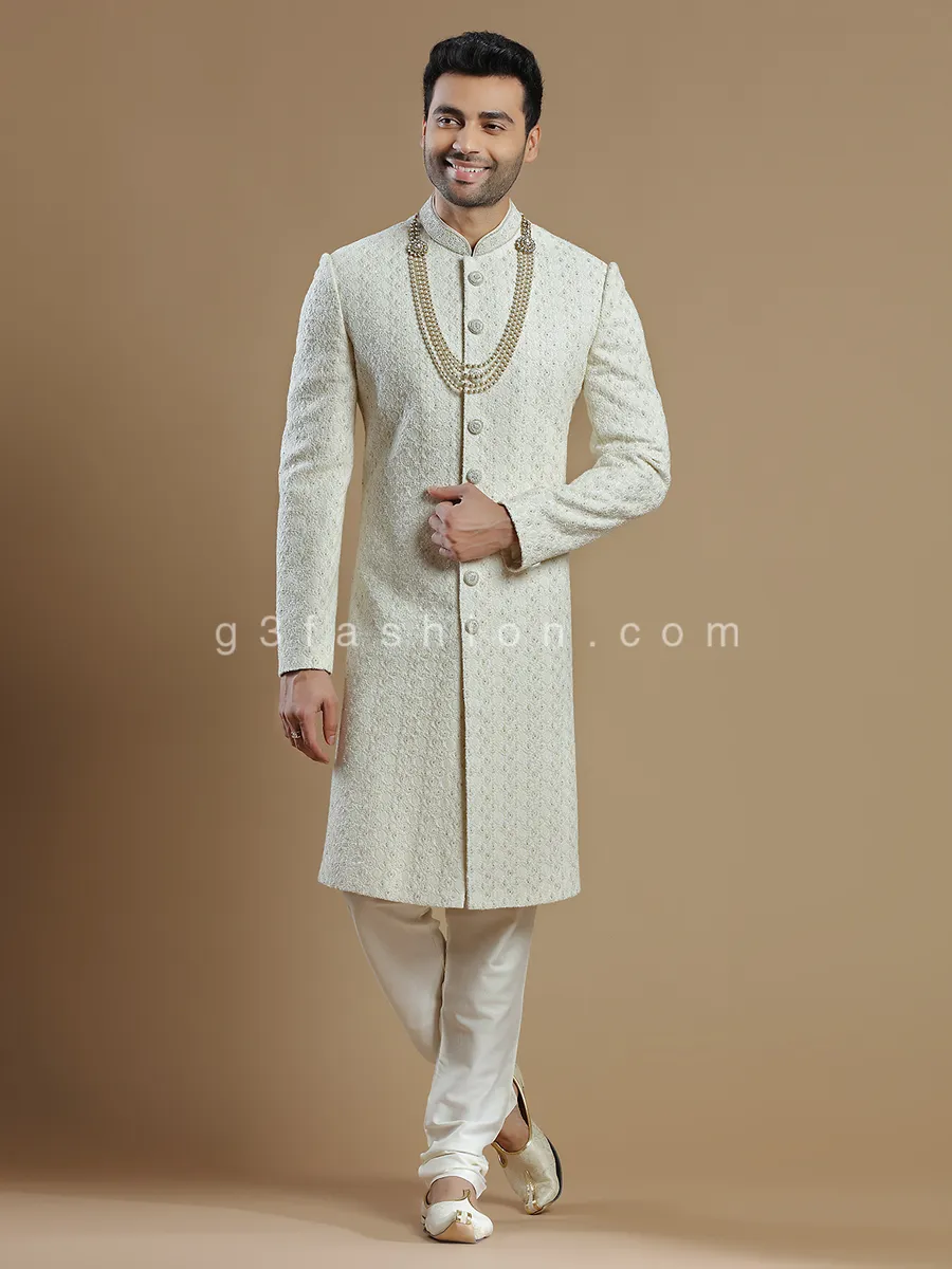 Cream fabulous raw silk groom wear sherwani