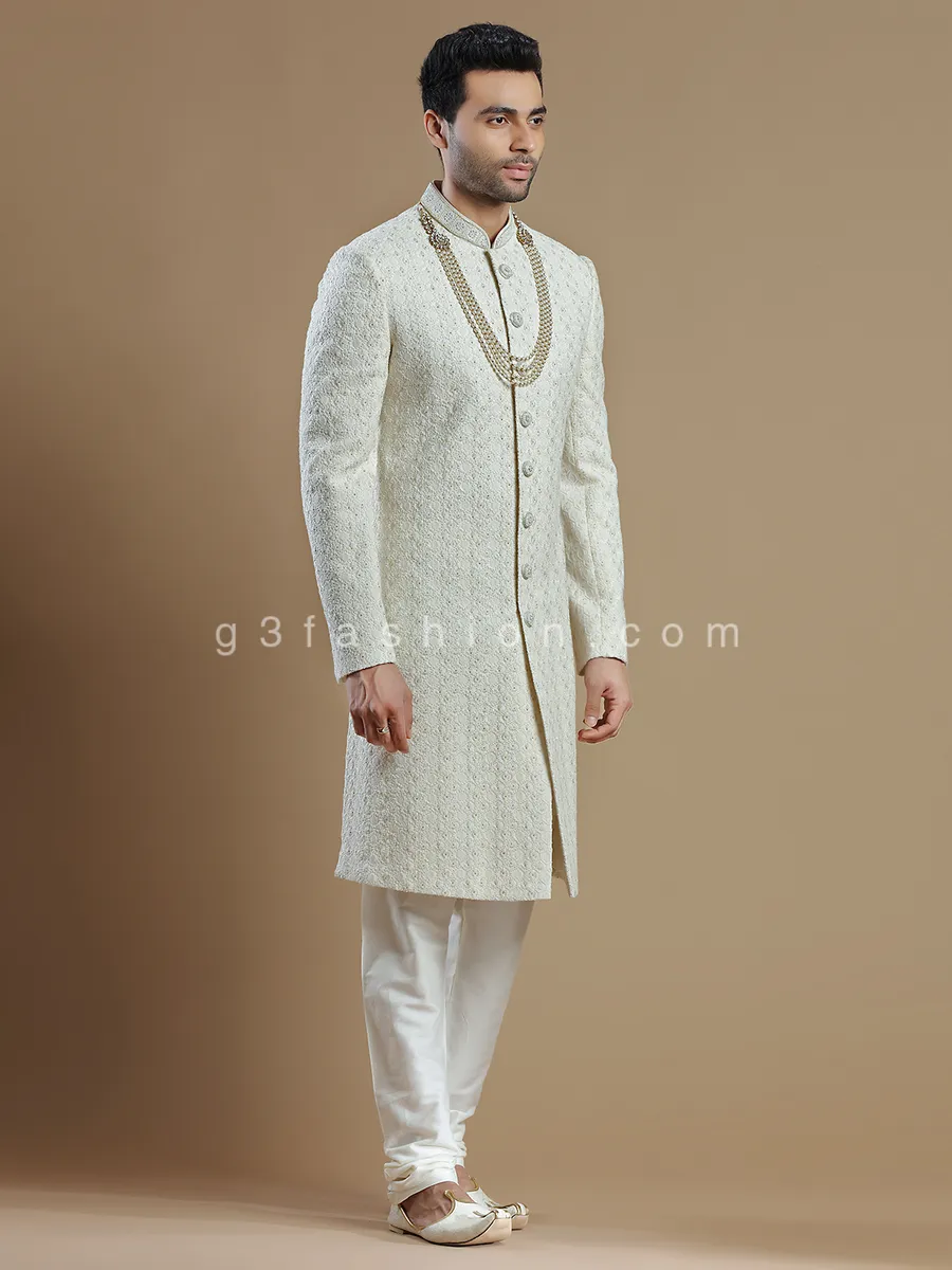 Cream fabulous raw silk groom wear sherwani