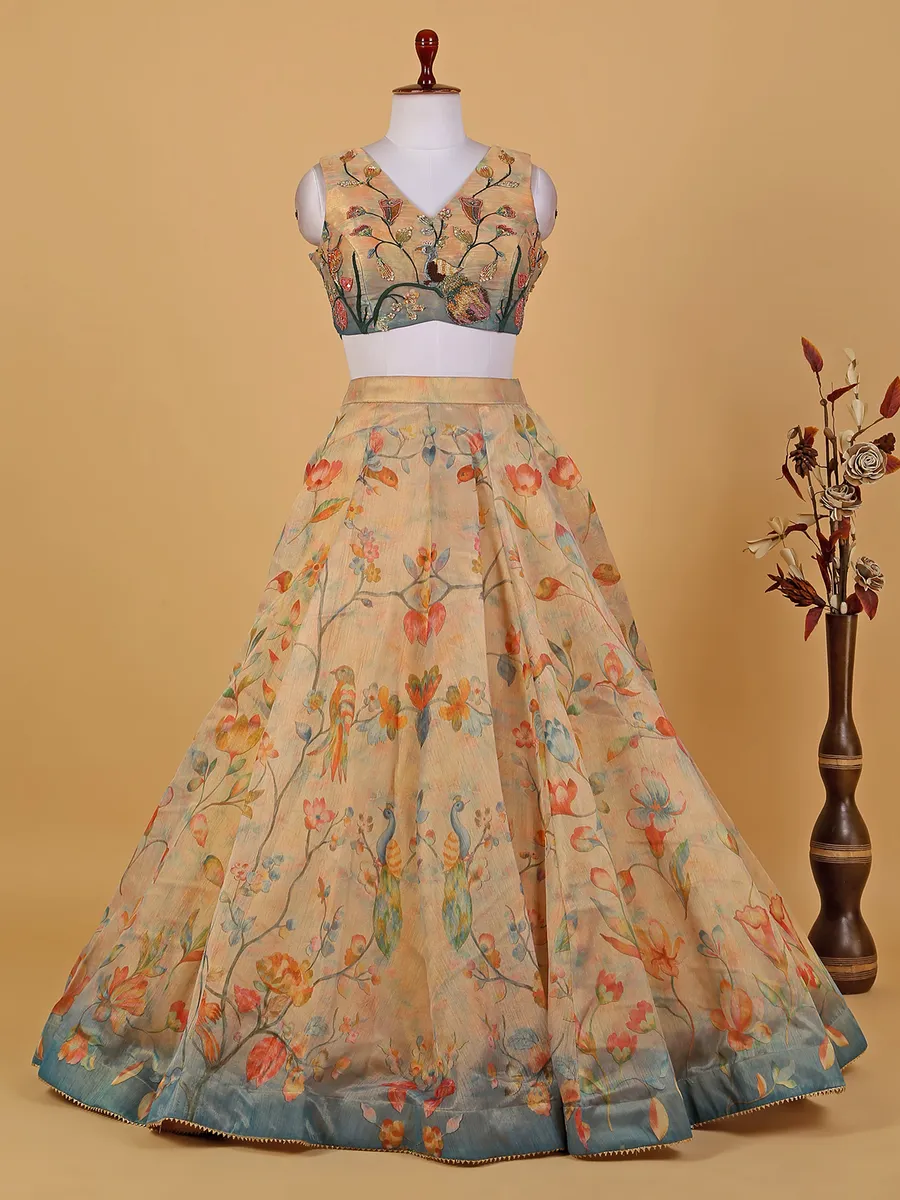 Cream floral printed organza lehenga choli