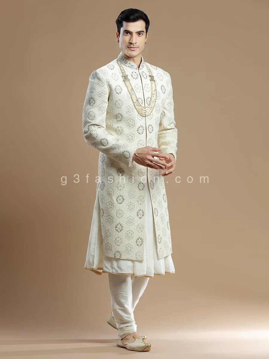 Cream georgette groom wear sherwani