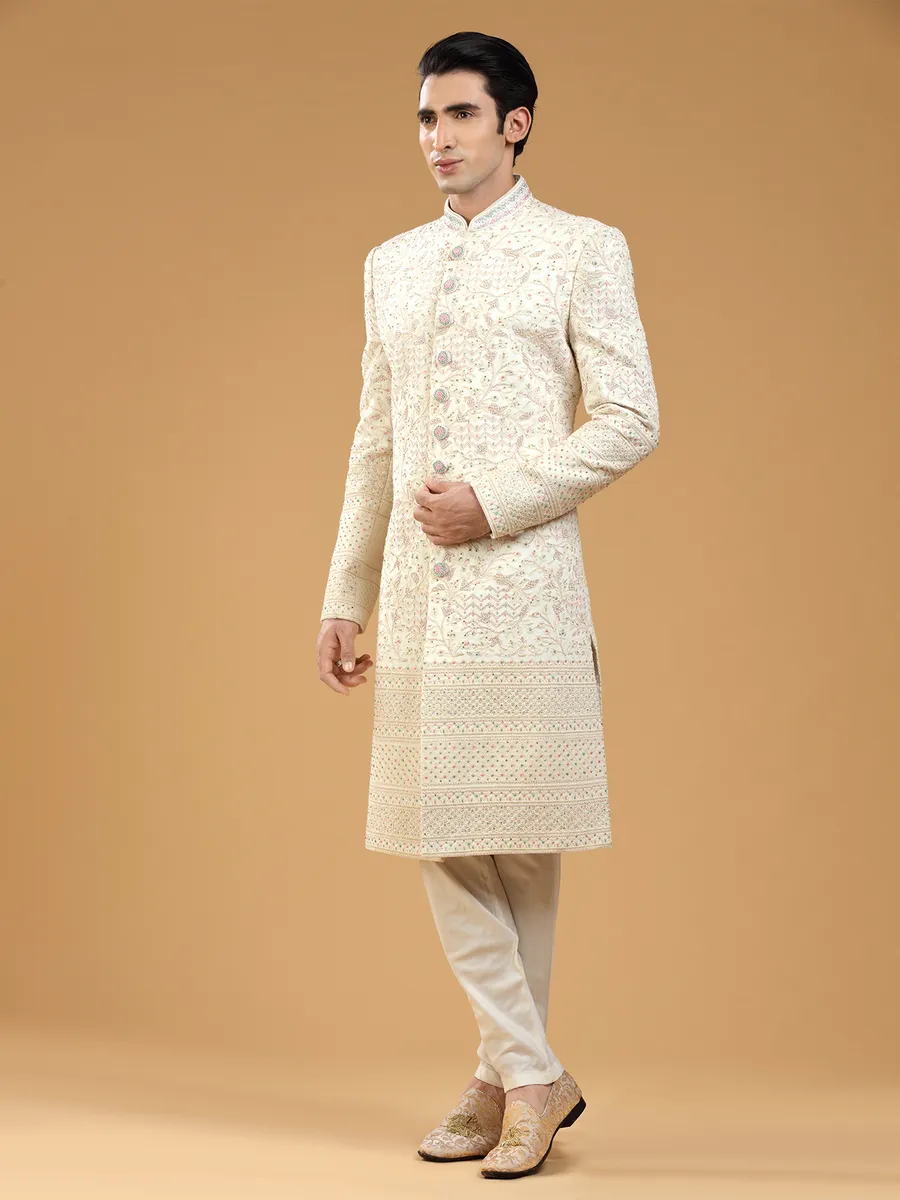 Cream georgette groom sherwani