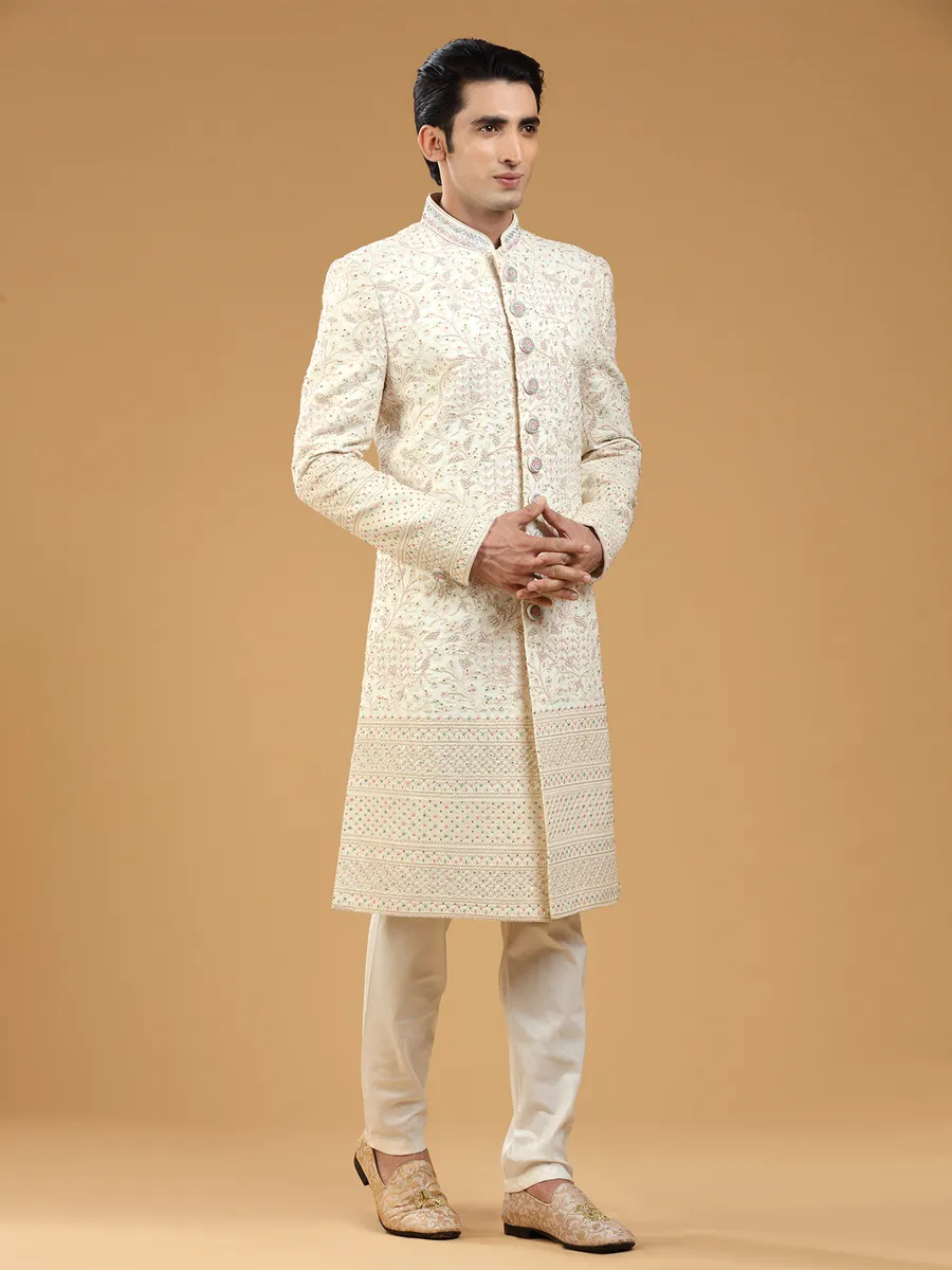 Cream georgette groom sherwani