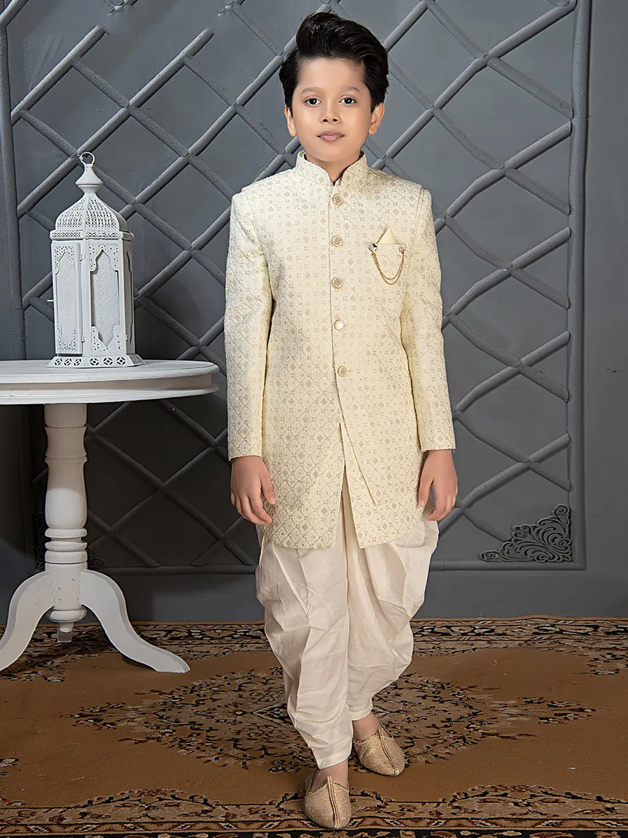 Cream georgette wedding wear boys indowestern