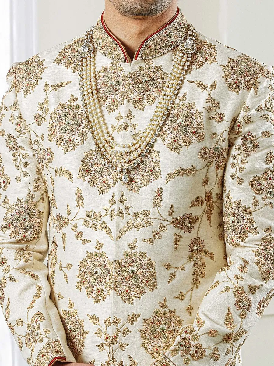 Cream groom wear raw silk fabric sherwani