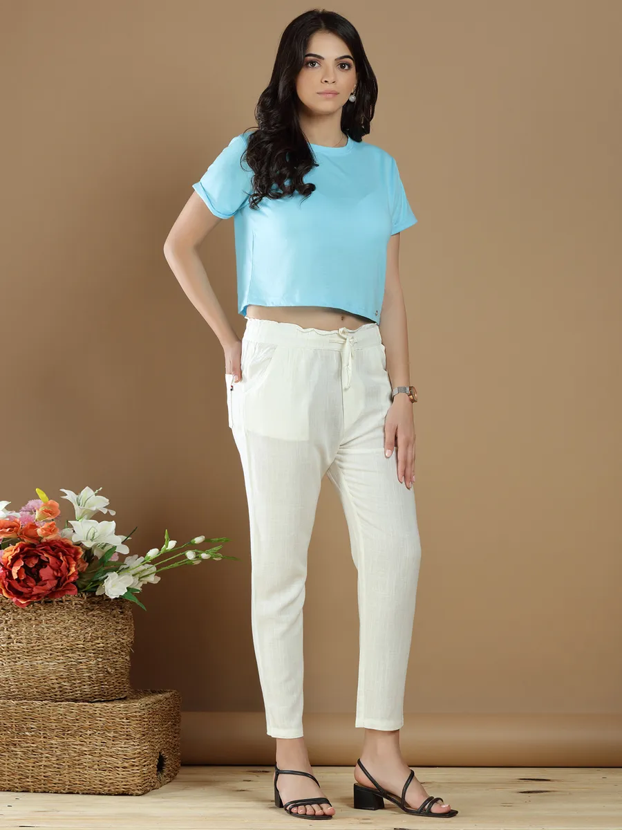 Cream hued linen casual wear plain pant