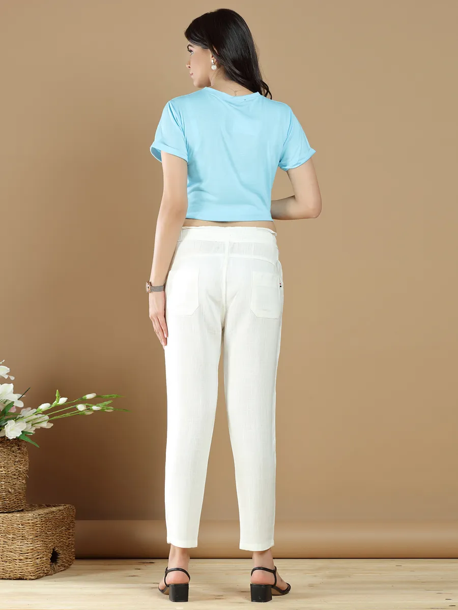 Cream hued linen casual wear plain pant