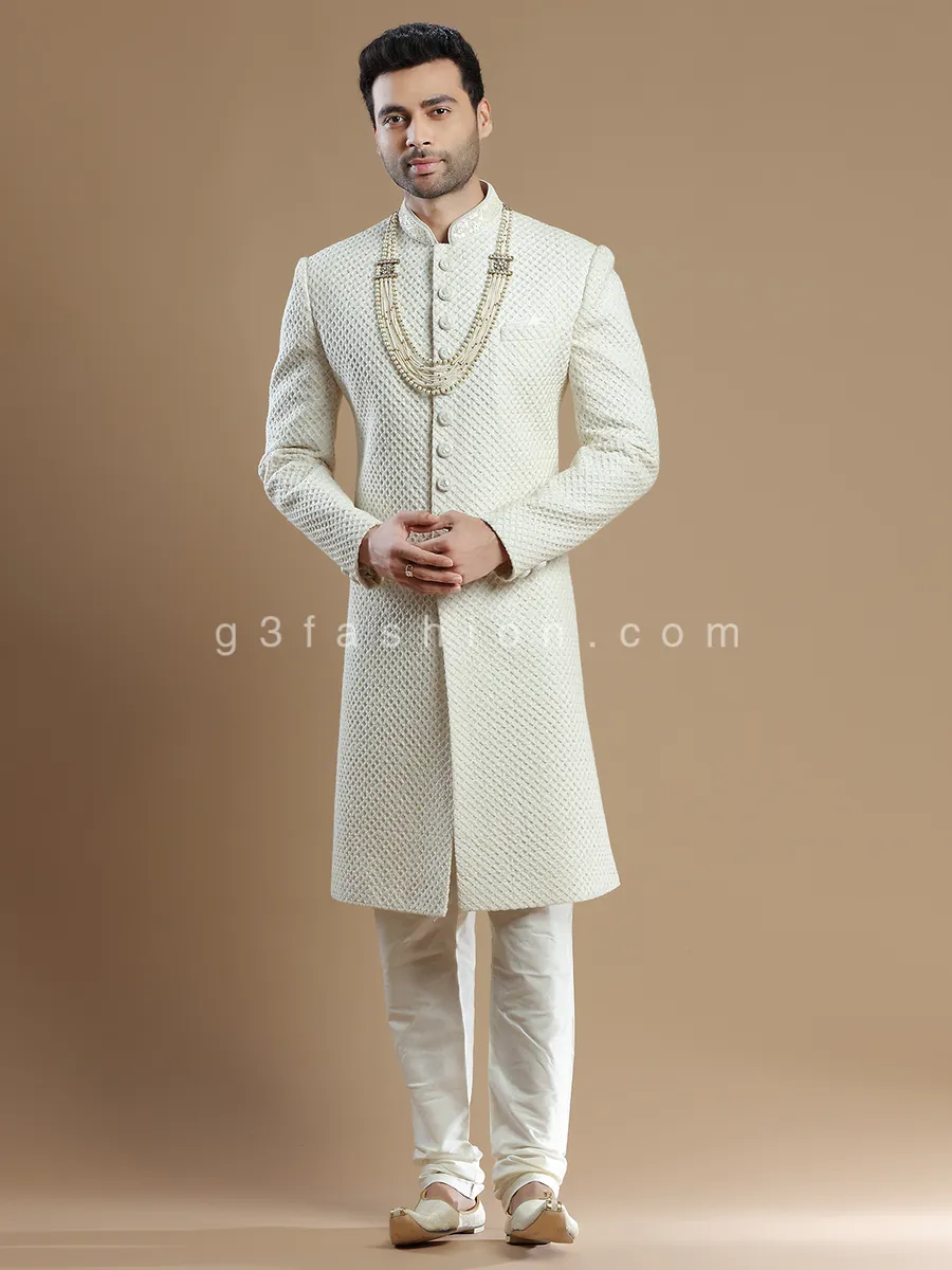 Cream lavish groom wear sherwani in silk