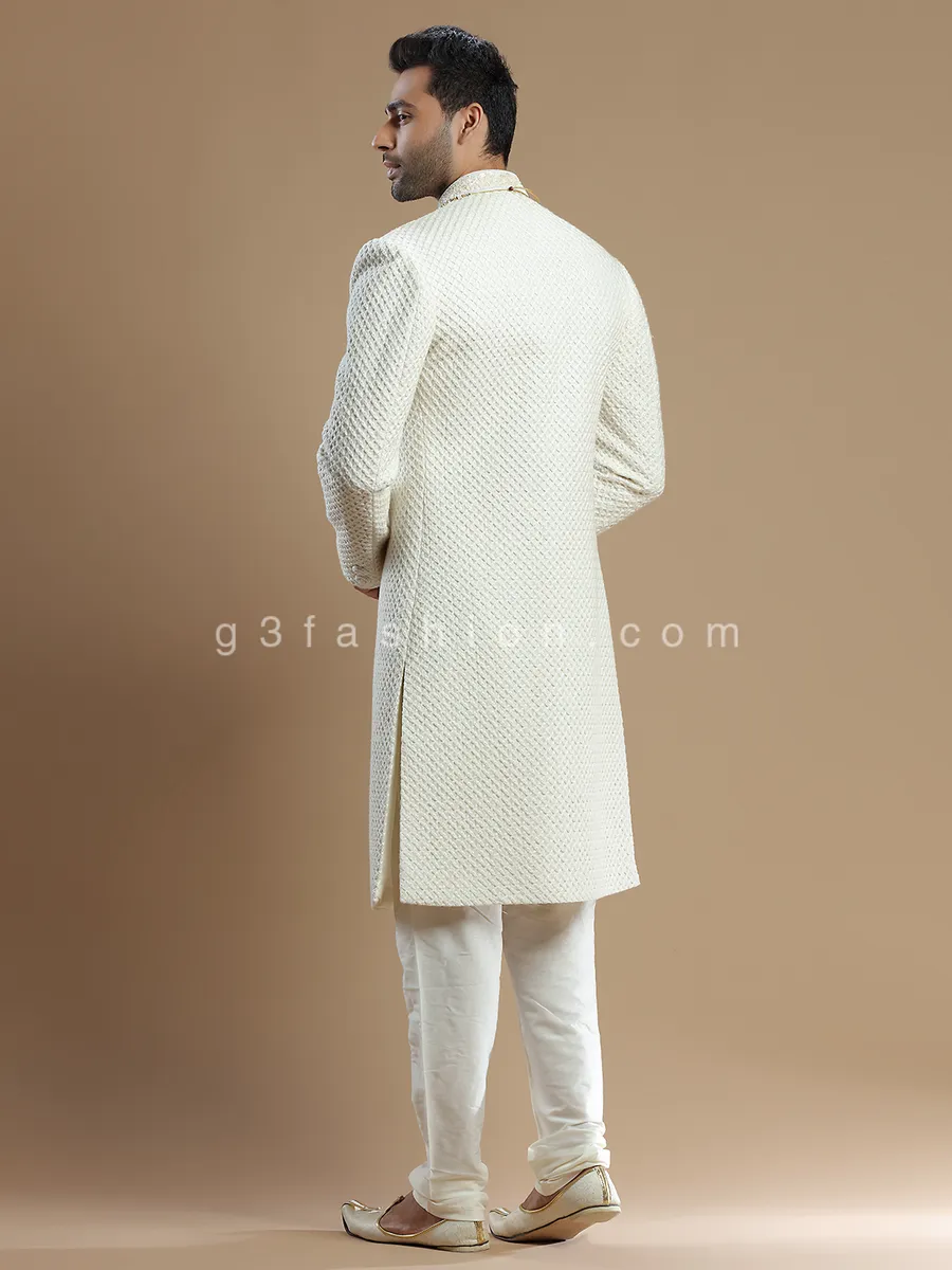 Cream lavish groom wear sherwani in silk