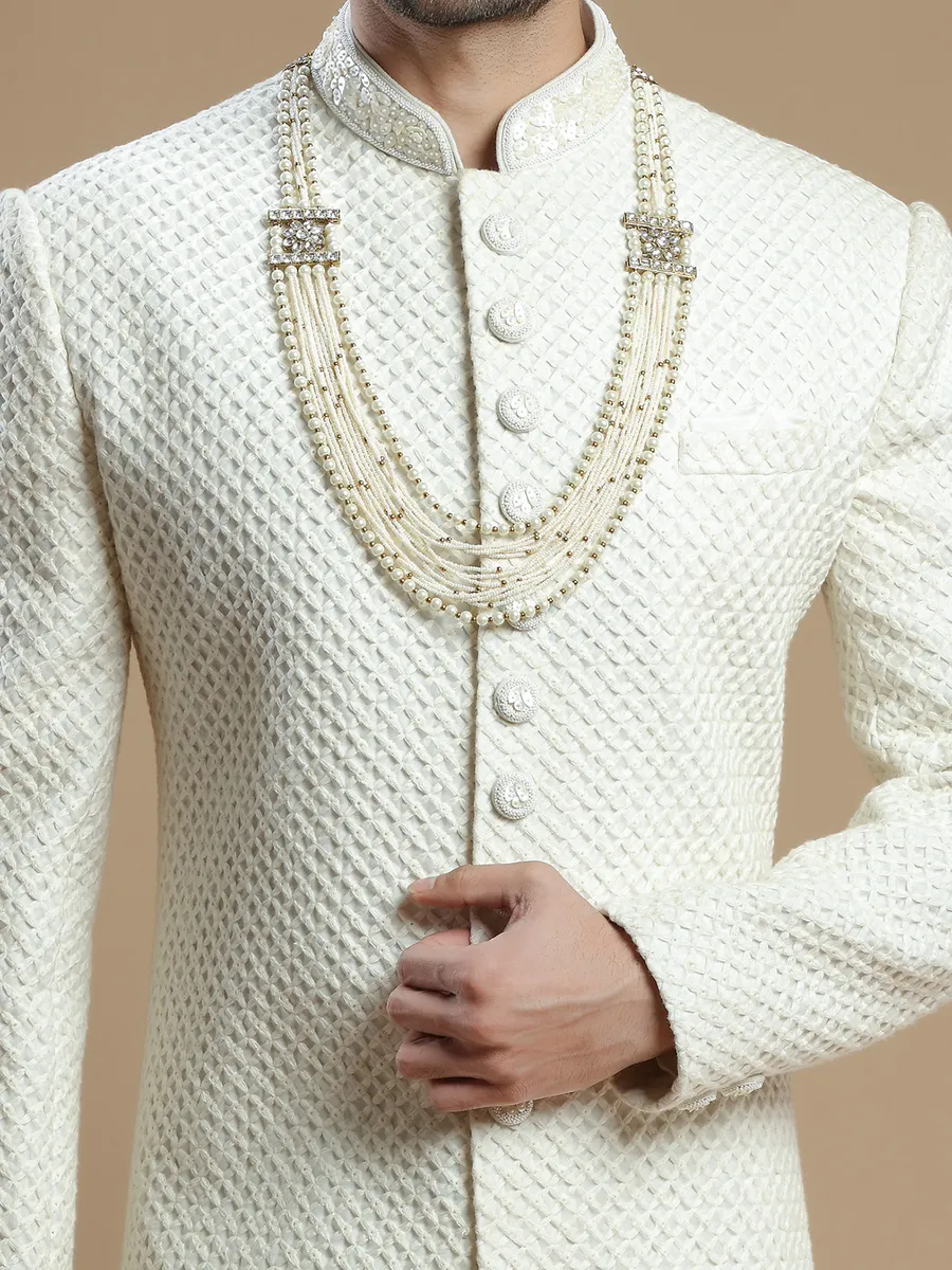 Cream lavish groom wear sherwani in silk