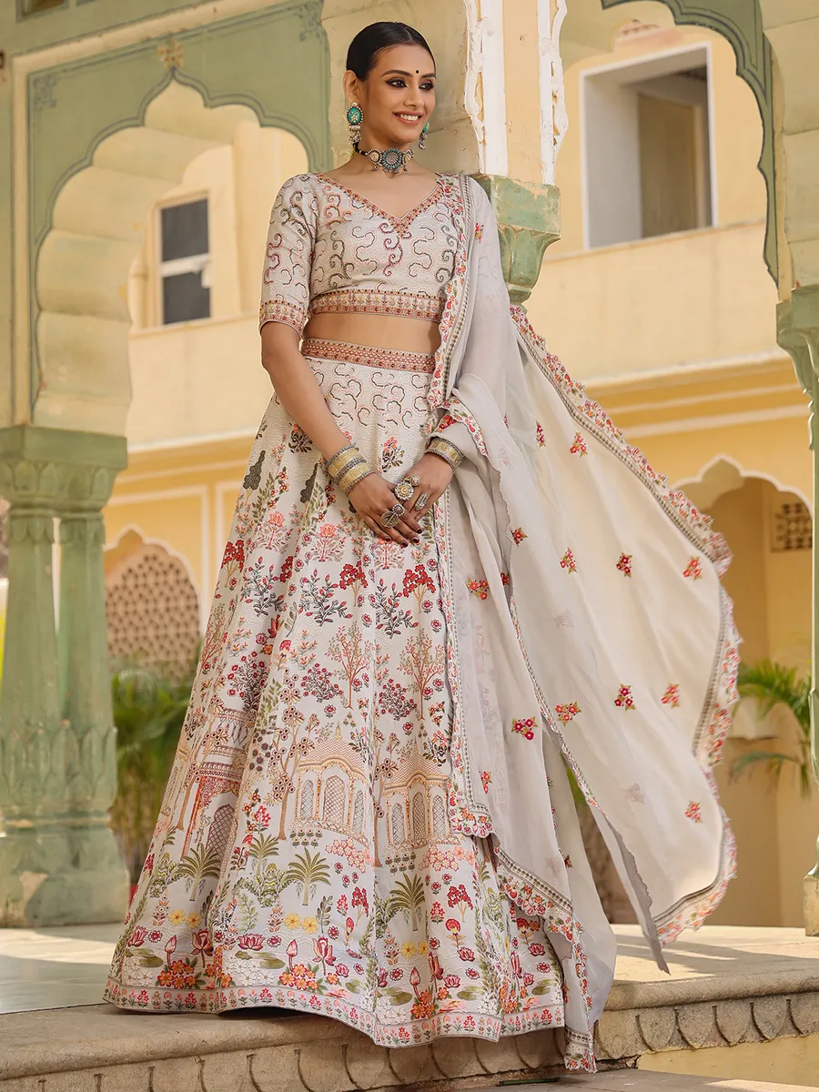 Cream linen satin lehenga choli with dupatta