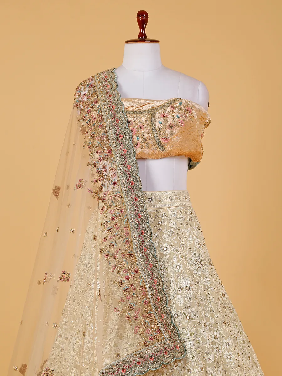 Cream lucknowi unstitched lehenga choli