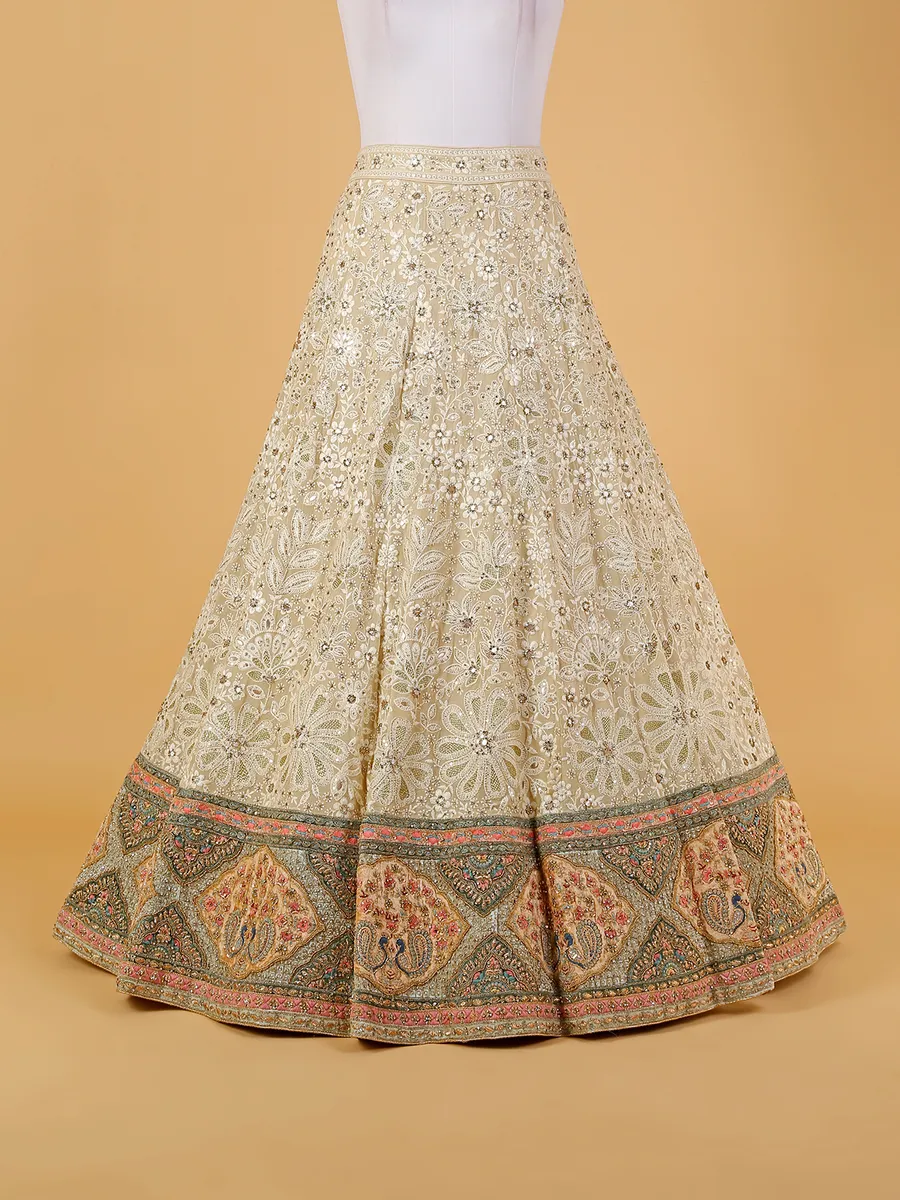 Cream lucknowi unstitched lehenga choli