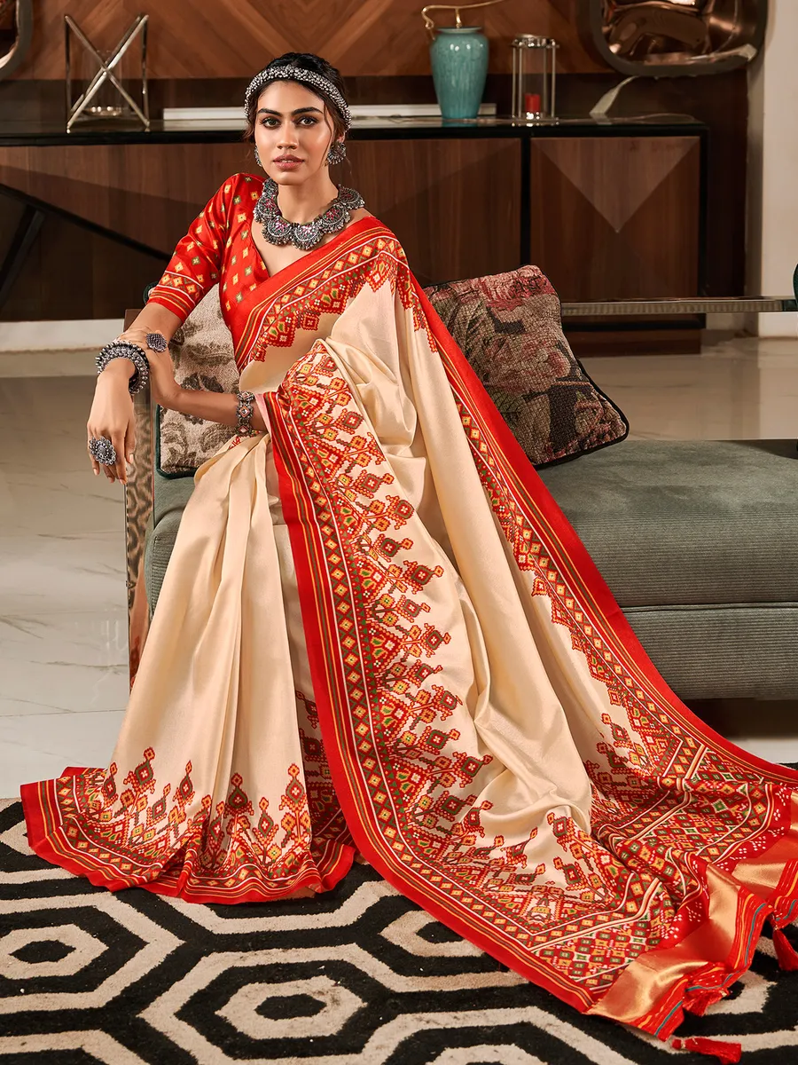 Cream patola printed tusser silk saree