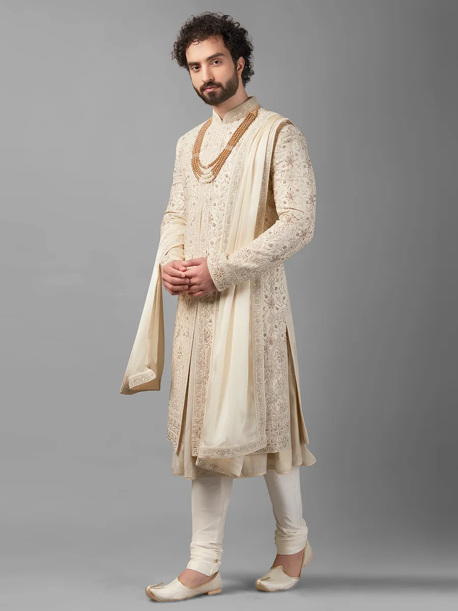 Cream peshwai style sherwani for groom