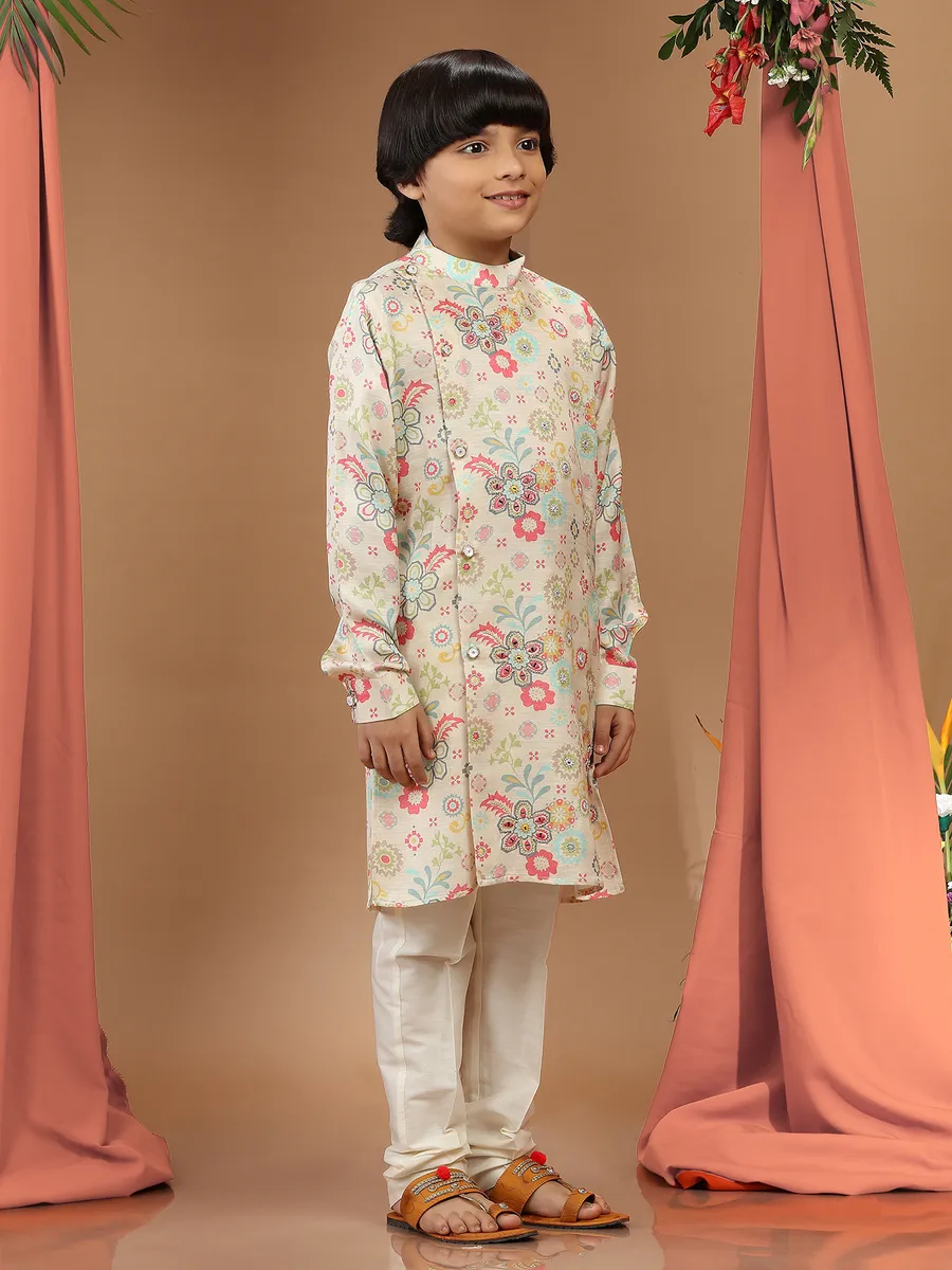 Cream printed boys kurta suit in silk