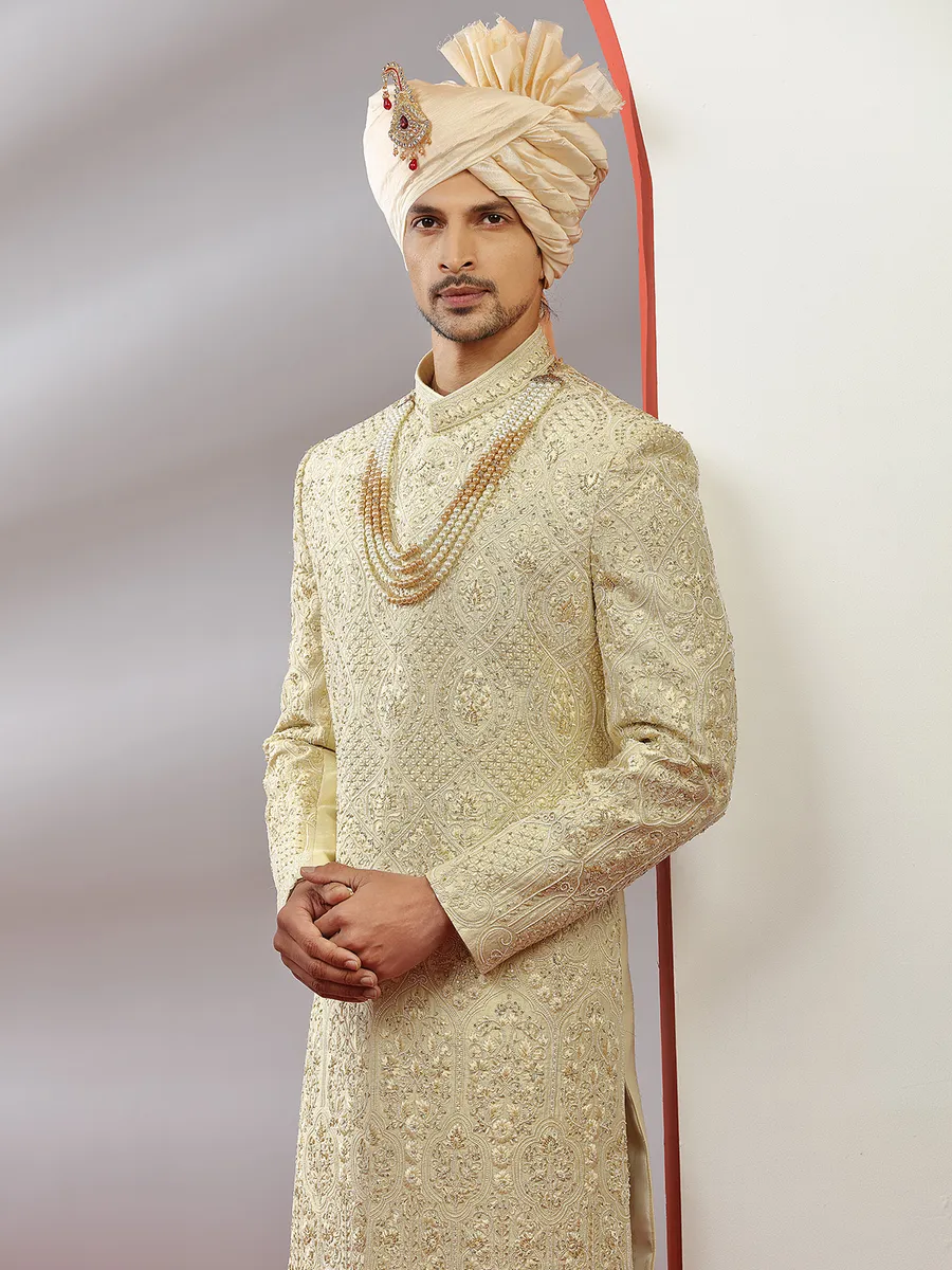 Cream raw silk groom wear men sherwani