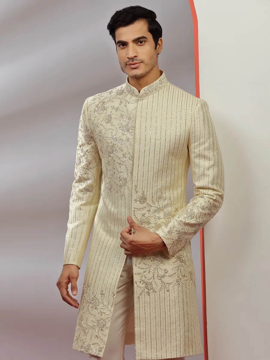 Cream raw silk groom wear sherwani for men