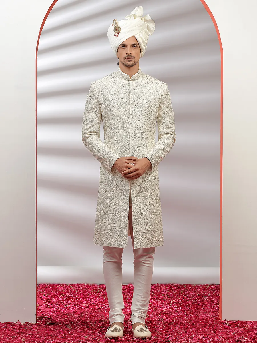 Cream raw silk men sherwani for groom and wedding