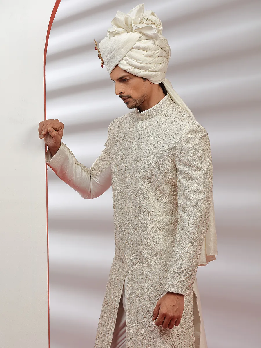 Cream raw silk men sherwani for groom and wedding
